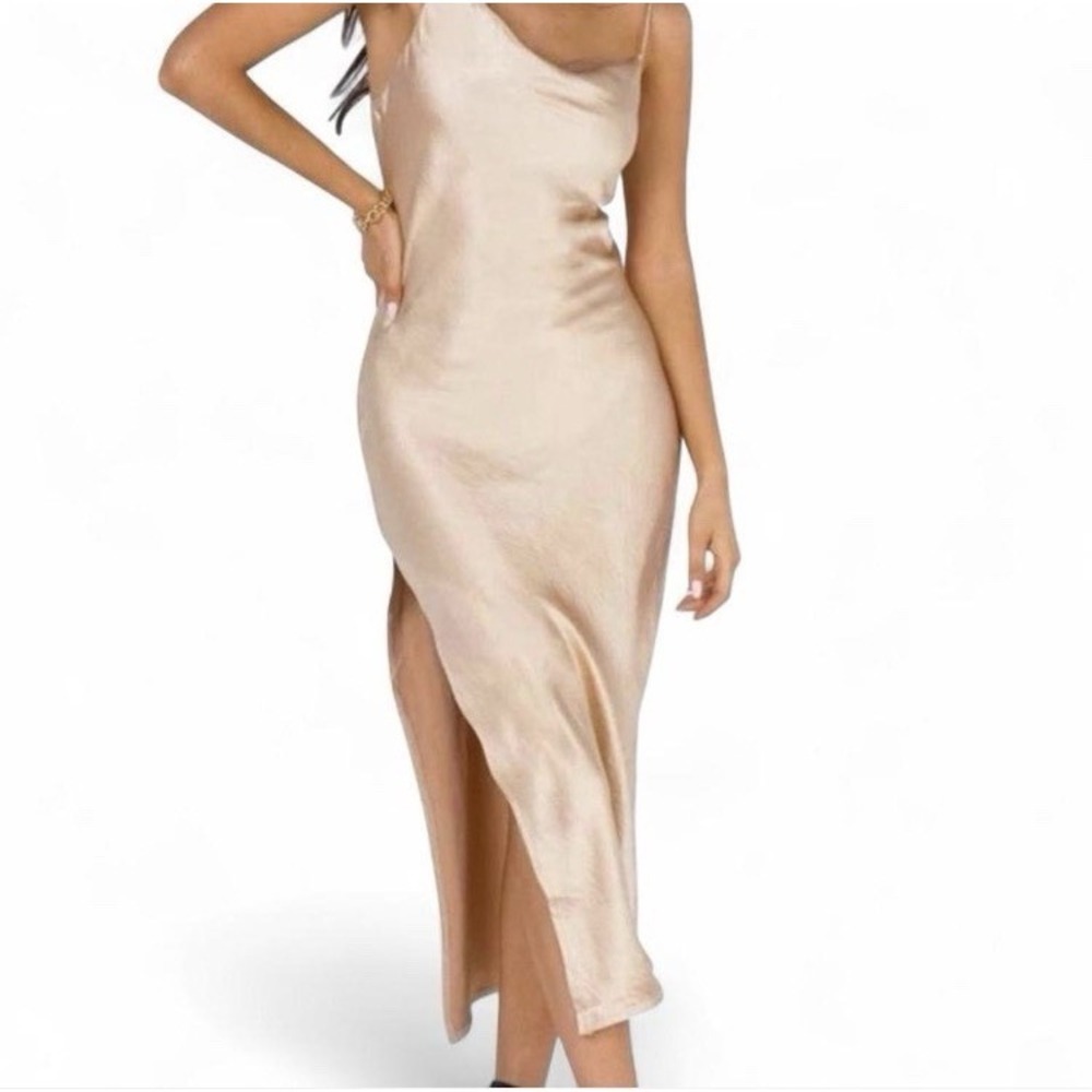 Princess Polly Champagne Gold Satin Cowl Neck Maxi Dress Size US 4 Slit